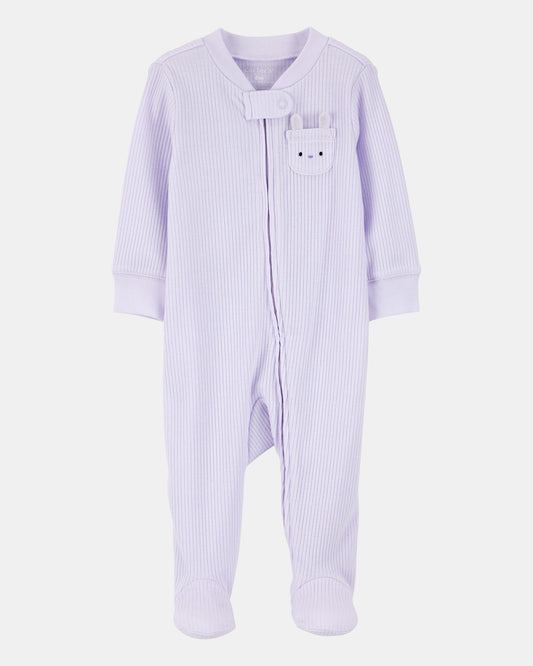 Baby Girl Bunny 2-Way Zip Ribbed Sleep & Play Pajamas - Purple