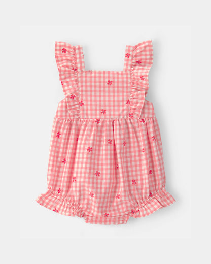 Baby Girl Gingham Flower Romper - Pink