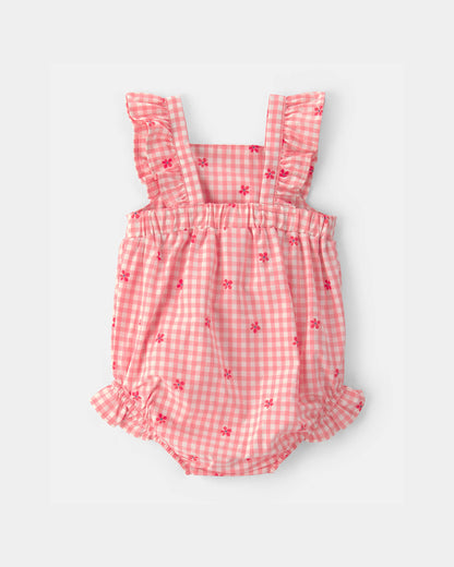 Baby Girl Gingham Flower Romper - Pink