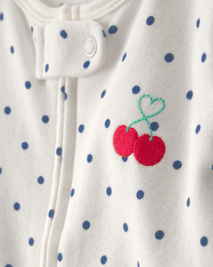 Baby Girl Cherry 2-Way Zip 100% Cotton Sleep & Play Pajama - White