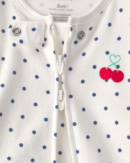 Baby Girl Cherry 2-Way Zip 100% Cotton Sleep & Play Pajama - White