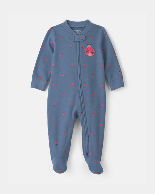 Baby Girl Ladybug 100% Cotton 2-Way Zip Sleep & Play Pajamas - Blue