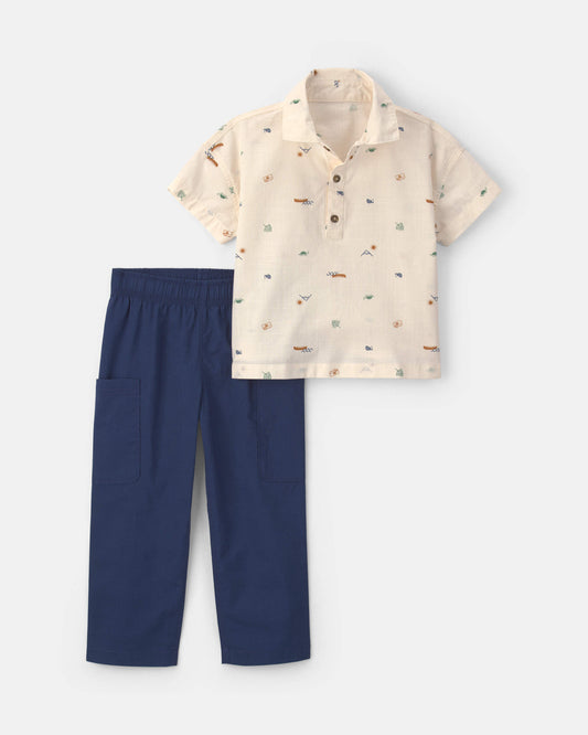Toddler Boy 2-Piece Chambray Short-Sleeve Top & Pant Set - Cream/Blue