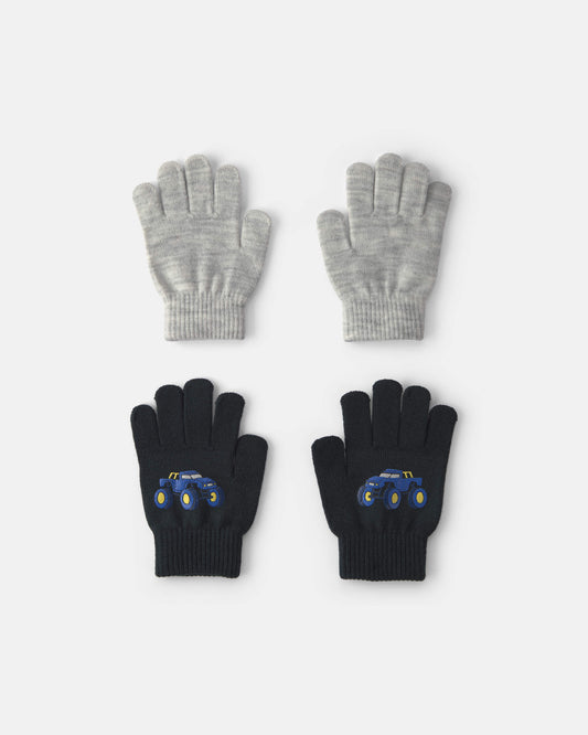 Boys 2-Pack Monster Truck Winter Gloves - Black/Grey