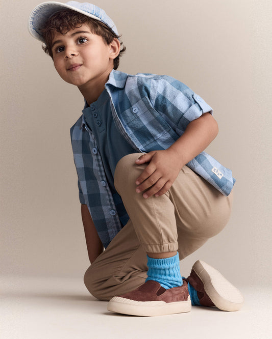Toddler Boy Button-Down Short-Sleeve Shirt in Plaid - Blue