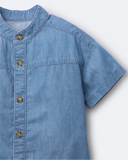 Toddler Boy Mandarin Collar Button-Down Shirt in Chambray