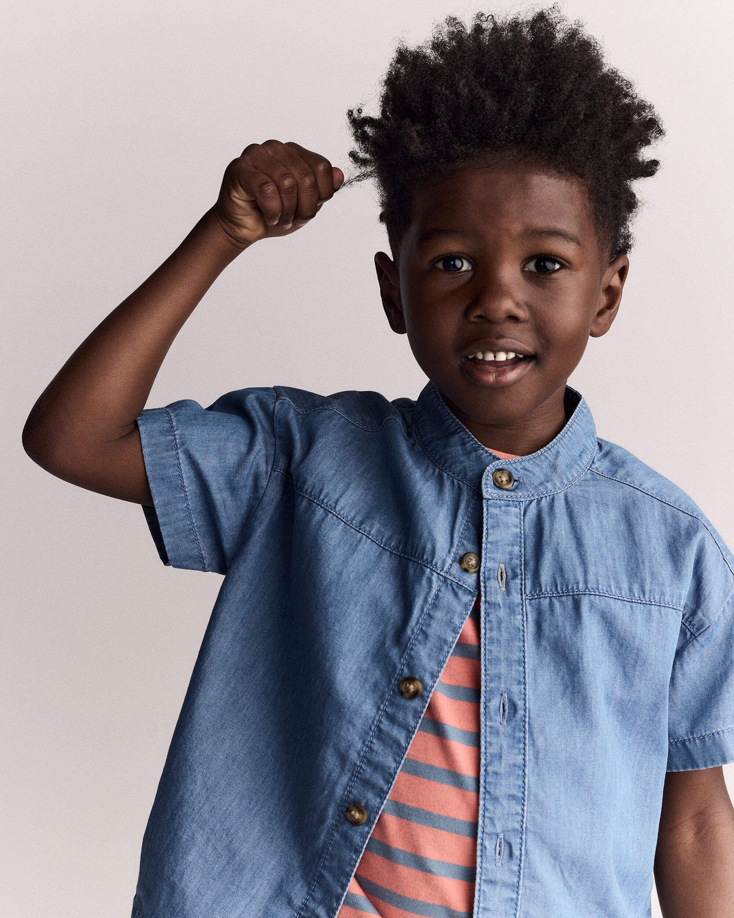 Toddler Boy Mandarin Collar Button-Down Shirt in Chambray