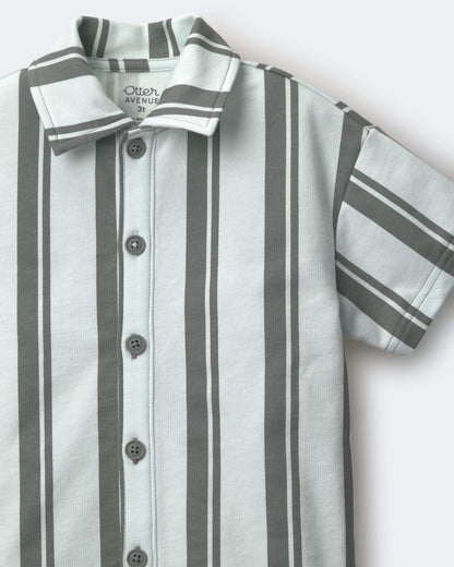 Toddler Boy Button-Down Short-Sleeve Shirt in Stripes - Light Blue/Sage