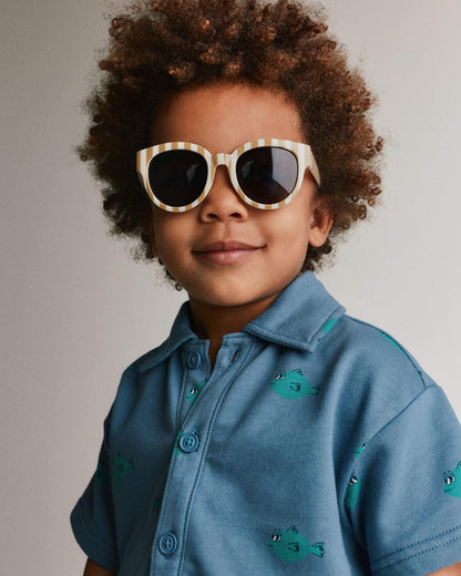 Toddler Boy Button-Down Short-Sleeve Shirt in Fish Print - Slate Blue